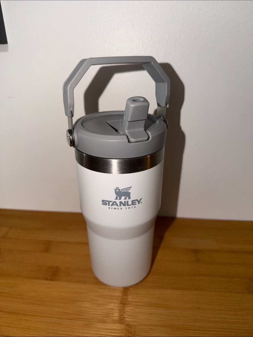 Stanley White & Gray Travel Mug with Carry Handle